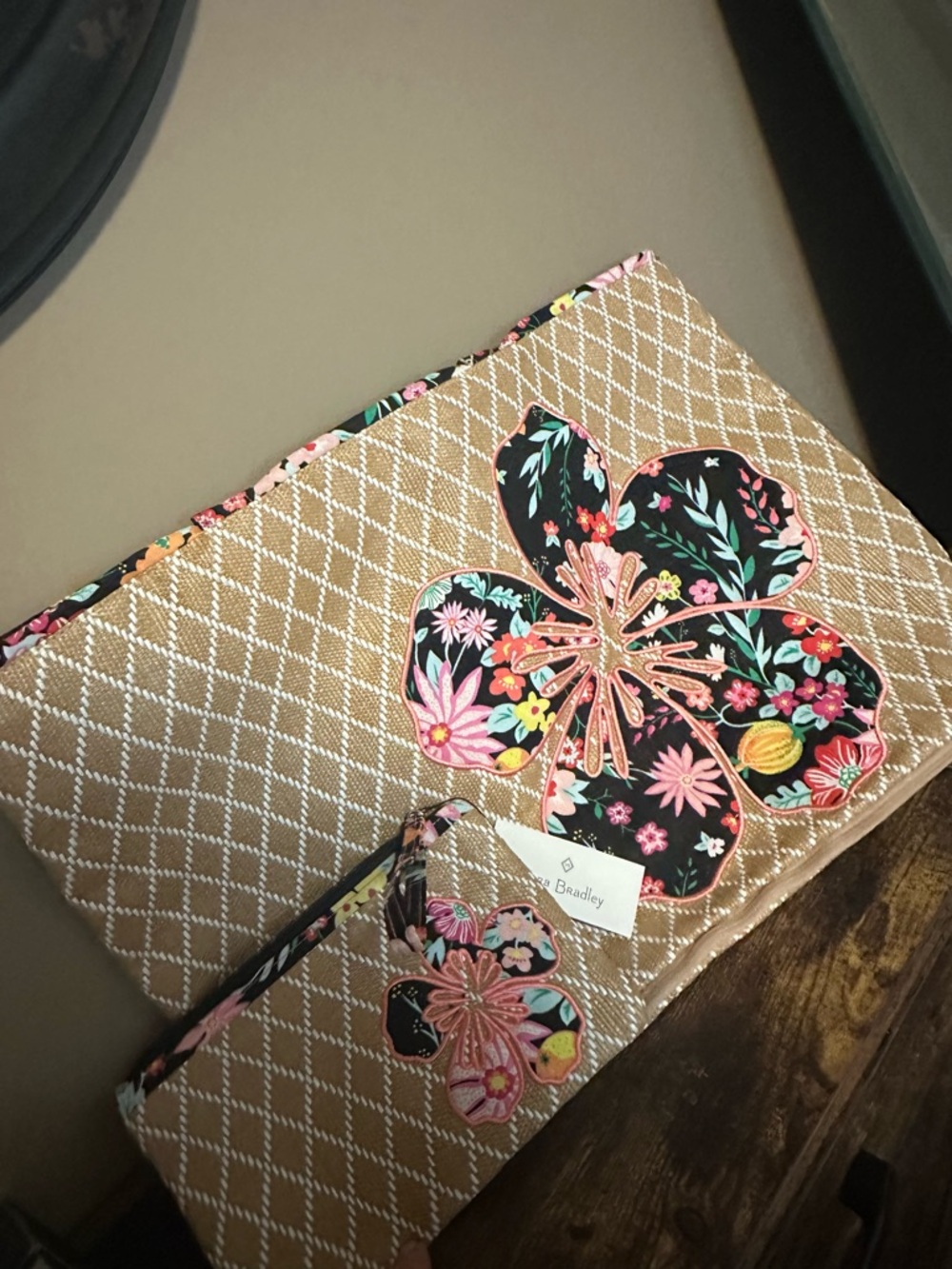 Vera Bradley Tan Quilted Floral Appliqué Cosmetic Pouch Set